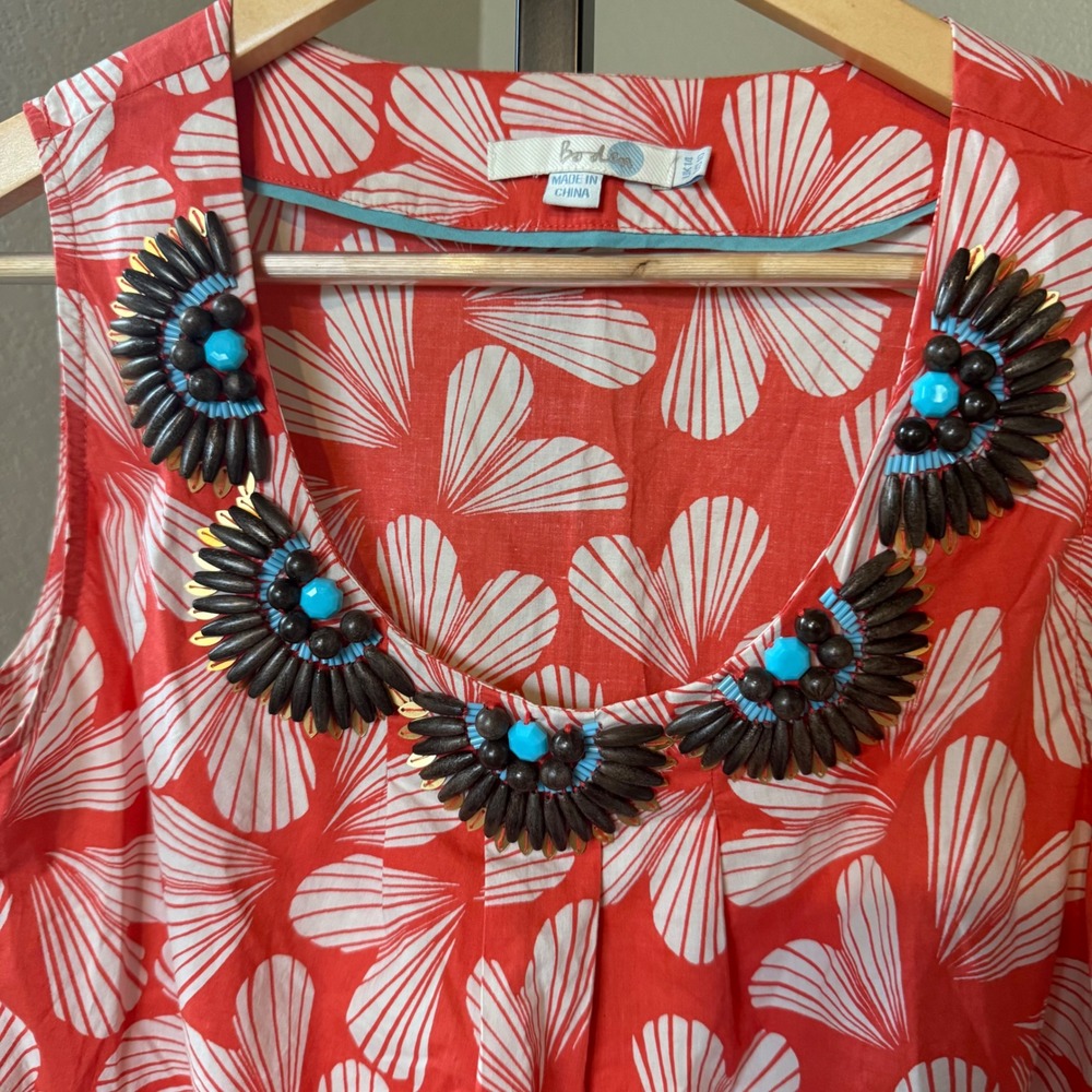 Boden Sleeveless Top Floral Beaded Neckline Coral White Cotton Blouse Size US 10 - Picture 2 of 8